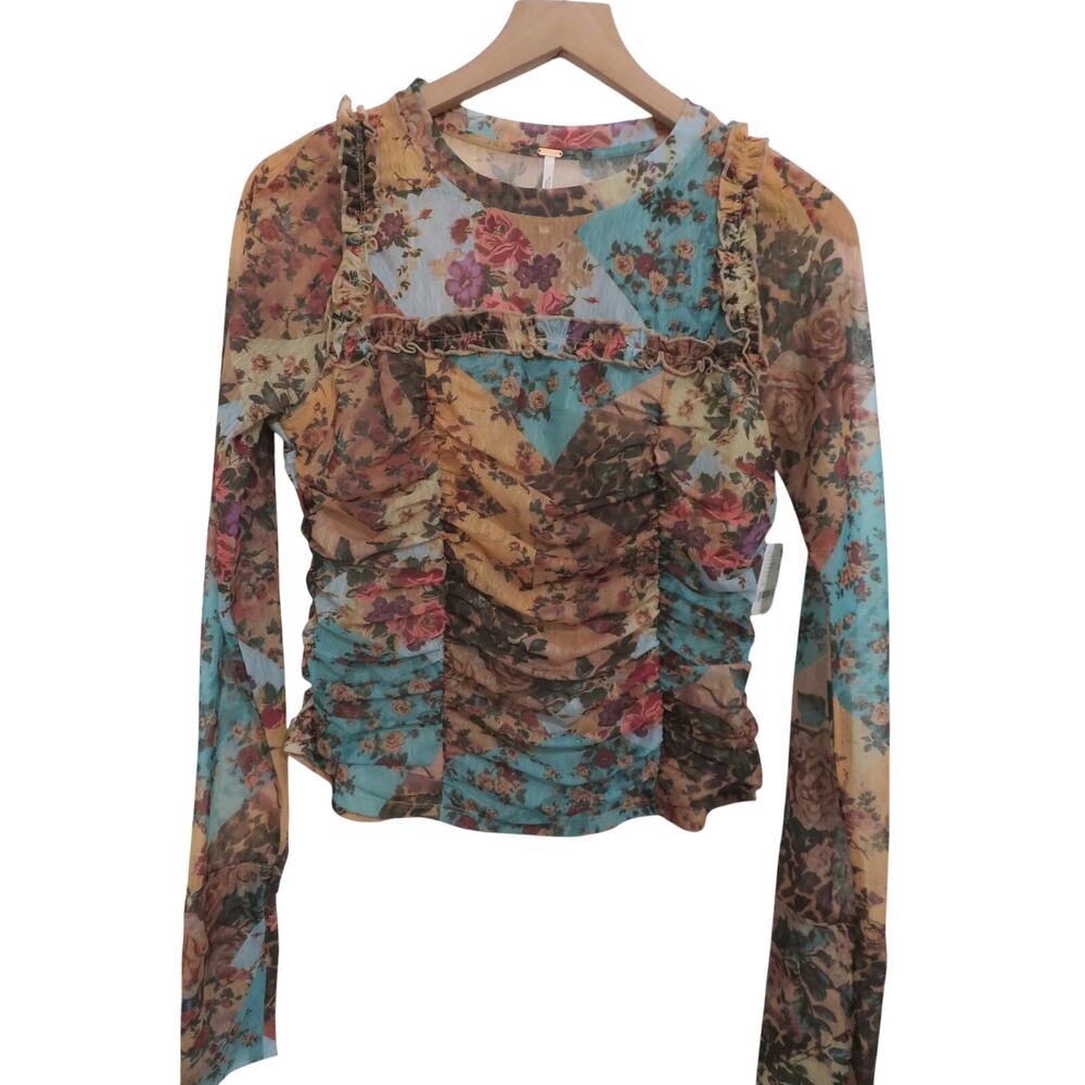 Free People Women Sz M Ariana Floral Mesh Ruched Ruffle Long Sleeve Top Grunge